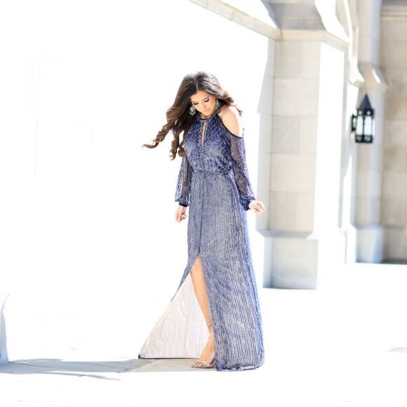 Parker Black Sequin Cold Shoulder Embellished Gown Leg Slit Blue Size 2 Elegant - Picture 1 of 6